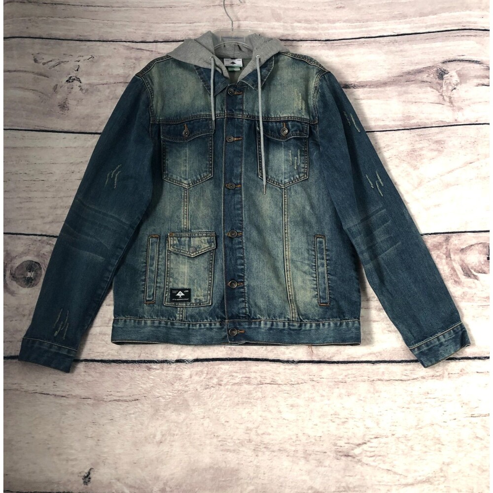 LRG Lifted Research Group Hoodie Jacket L Mens Blue Jean Faded Distressed Denim